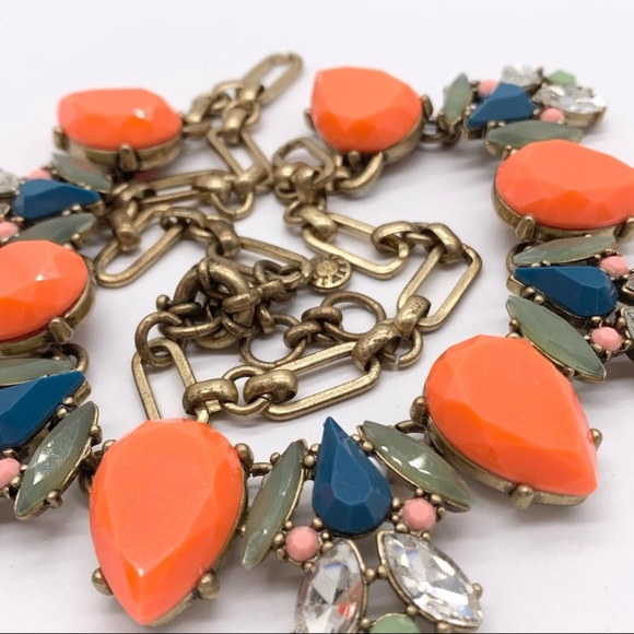 J. Crew RARE Neon Orange Multicolored Crystal Floral Statement Necklace - Picture 2 of 3
